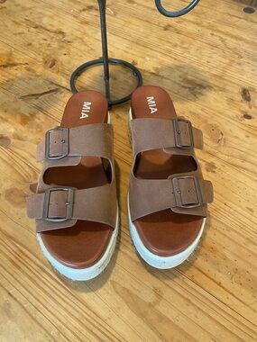 MIA Brown Double Buckle Wedge Sandals
